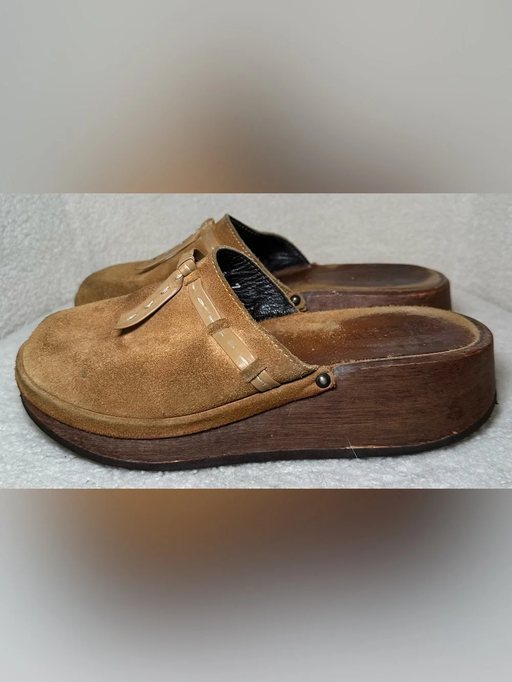 Vintage J.Crew Italian Suede Wooden Platform Clog Mules Boho Cottagecore 70’s 7